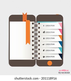 Infographic design template. Touchscreen device with colorful infographics paper template, vector illustration.