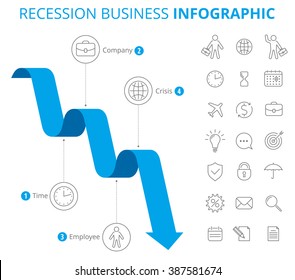 Infographic Design Template. Vector Flat Line Elements. Downward Blue Graph  Depict Recession Of Business. Illustration Of Decrease Arrow And Isolated Icon Set.