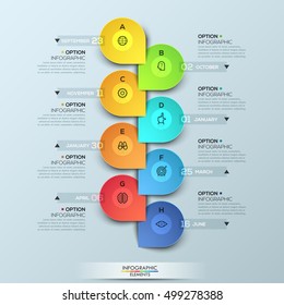 Infographic design template with vertical timeline and 8 connected elements, monthly business progress concept, company development steps. Vector illustration for presentation, brochure, report.
