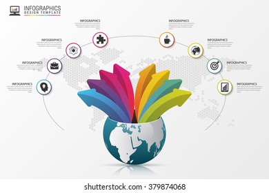 Infographic design template. World with arrows. Vector illustration.