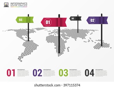Infographic design template. World map with pointer. Vector illustration