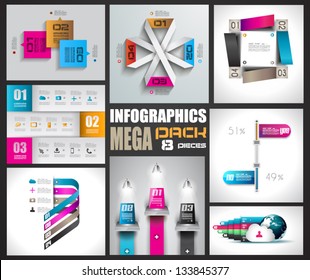 Infographic design templates collectionwith paper tags. Idea to display information, ranking and statistics with orginal and modern style. 8 pieces.