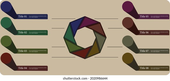 An infographic design that shows eight text boxes that you can put the appropriate within them to explain the process of growth and success for your project or company