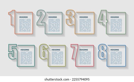 infographic design with thin line. 8 options or steps with business font and long shadow, realistic board effect with spaces for heading and body text