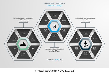 Infographic design with three hexagons on a white background