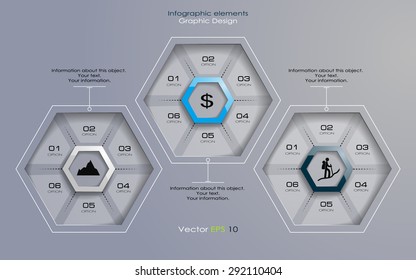 Infographic design with three hexagons on a gray background