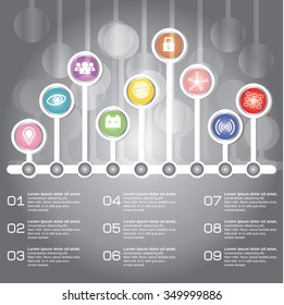 Infographic design timeline and business concept with 9 options, parts, steps or processes. Can be used for workflow layout, diagram, number options, web design.