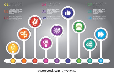 Infographic design timeline and business concept with 9 options, parts, steps or processes. Can be used for workflow layout, diagram, number options, web design.