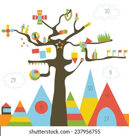 Infographic design with tree and landscape - with many icons and copy space