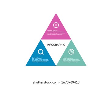 Infographic design triangles joined together to create a pyramid 3 point banner. Use workflow layout, diagram, business step options, banner, web design.