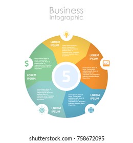 Infographic design for use in marketing for the layout of the workflow, presentation, diagram, annual report, web design. A circular, cyclic business concept with 5 options, steps or processes.