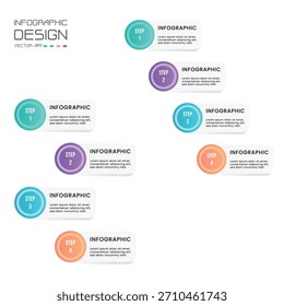 Arte vectorial de diseño de infografía con múltiples flujos Horizontales con cuatro pasos distintos cada uno. Esta Plantilla es ideal para ilustrar procesos paralelos.