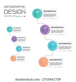 Una Plantilla de Arte vectorial de diseño infográfico que presenta un flujo secuencial con cinco pasos distintos. Cada paso incluye áreas de texto para obtener información detallada.