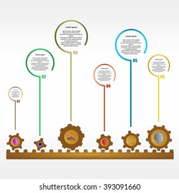 Infographic design vector with brown gears on brown rack and colored heads, charts and colorful gears with a description of colored bubbles and serial number