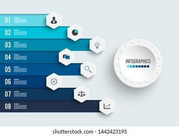 Infographic design vector and marketing icons can be used for workflow layout, diagram, annual report, web design. Business concept with 8 options, steps or processes.