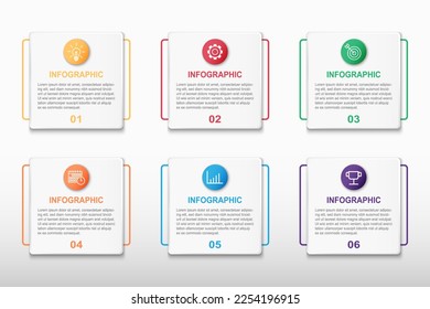 Infographic design vector template with 6 round square step or option and number. Business presentation, target goal report, project timeline, strategy plan, success information, flat diagram layout.