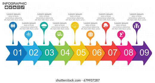 Infographic design vector template with icons, options, number, steps, arrows, flowchart, workflow or process infographics, vector eps10 illustration