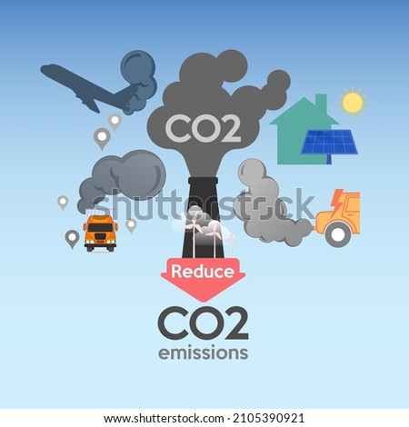 Infographic design of ways to reduce CO2 emissions. Renewable energy transition. Efficient travel and transportation management. Vector illustration outline flat design style.