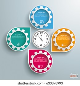 Infographic design white markers, clock and gears on the gray background. Eps 10 vector file.
