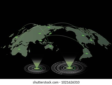 The info-graphic design word map in green laser 3d and network connection concept of global business, Global business in 3d laser connection, Eps 10 vector