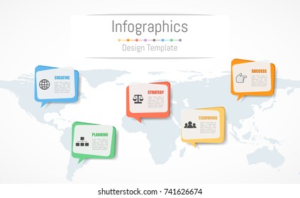 Infographic design for your business data with 5 options, parts, steps, timelines or processes.  Communication network concept,  Vector Illustration. World map of this image furnished by NASA