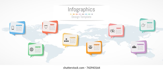 Infographic design for your business data with 8 options, parts, steps, timelines or processes.  Communication network concept,  Vector Illustration. World map of this image furnished by NASA
