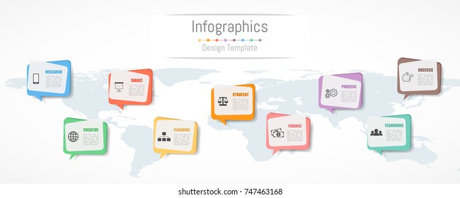 Infographic design for your business data with 9 options, parts, steps, timelines or processes.  Communication network concept,  Vector Illustration. World map of this image furnished by NASA