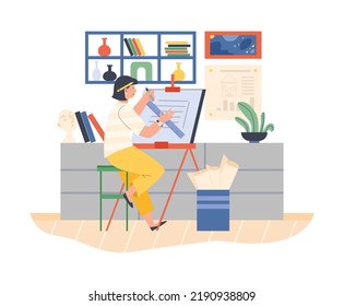 Infographic designer or architect working at easel with ruler, flat vector illustration isolated on white background. Woman drawing table with pencil and ruler. Designer working at home or office.