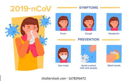 Infographic with details about coronavirus with illustrated sick woman. nCoV symptoms and prevention method vector illustration. Covid-19 virus.