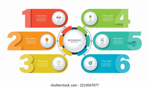 Diagrama de infografía con 6 pasos numerados, opciones. Se puede utilizar como gráfico, gráfico, diseño de flujo de trabajo, para web, informes, infografías del negocio.