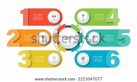 Infographic diagram with 6 numbered steps, options. Can be used as a chart, graph, workflow layout, for web, report, business infographics.