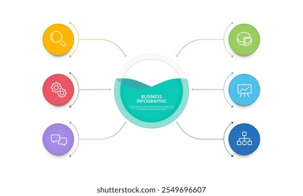 Infographic diagram with 6 options, colorful circles with icons. Presentation, Organization, Data, Report and Plan. Vector illustration.