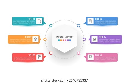 Infographic diagram 6 options or steps template. Mind Map, Process, Planning, Organization. Vector illustration.