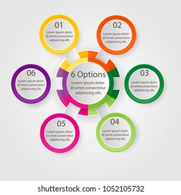 Infographic diagram with 6 options. Vector template what can be used as circular chart, numbered banner, workflow layout, graph, report, presentation, web design.