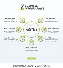 Diagrama Infográfico com 7 Opções em um layout de proporção de 1:1 para Feeds de Apresentação, Livreto e Mídia Social.