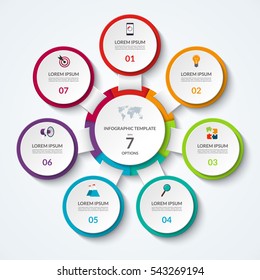 Infographic diagram with 7 options. Vector template what can be used as circular chart, numbered banner, workflow layout, graph, report, presentation, web design.