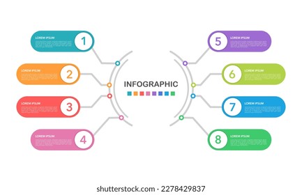 Opciones o pasos del diagrama de infografía 8. Mapa mental, Proceso, Plantilla, Gráfico. Ilustración vectorial.