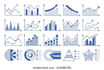 Infographic diagram blue ballpoint pen glyph set. Object workflow presentation business personal team career growth. Finance stock concept success rating scale arrow stage growth fall isolated