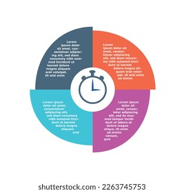 Infografía con diagrama. Círculo con partes multicolores y silueta de reloj, estimación del tiempo y trabajo con información. Visualización y análisis de datos. Dibujo vectorial plano de dibujos animados