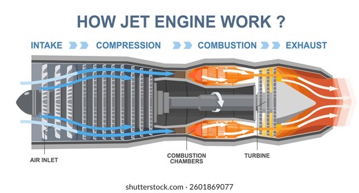 infographic diagram explaining how a jet engine works with labeled stages of intake compression combustion and exhaust