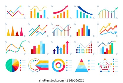 Infographic diagram graphic plan colorful flat set. Financial analysis work data rating success defeat. Business process presentation marketing strategy arrow investing growth result fall isolated