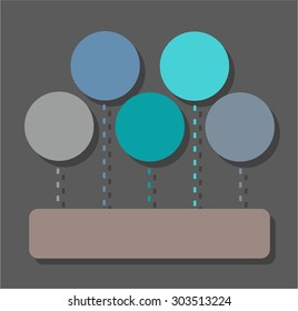 Infographic, diagram, sectors, five circles, one rectangle, color, flat. Five colored circles for text or thumbnails and one rectangle on a dark gray background. Infographic,  background for text.  