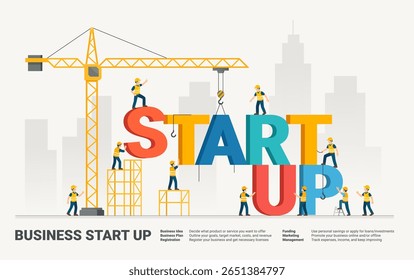 Infographic diagram template for a business start up with construction crane construction. Vector illustration.