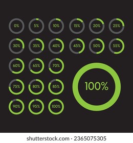 Diagramas de infografía con círculos divididos por porcentajes en cinco pasos de incremento de 0 a 100 listos para ser usados para diseño web, interfaz de usuario o infografía