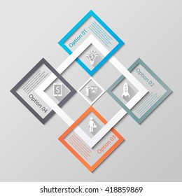 Infographic diamonds business template. Abstract 3d covered diamonds with 4 options, icons and text. Can be used for workflow layout, diagram,  web design