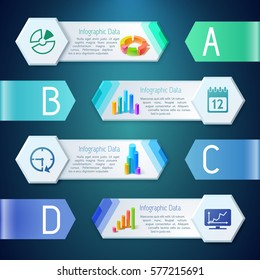 Infographic digital banners with text 3d diagrams graphs charts icons four options on dark background vector illustration
