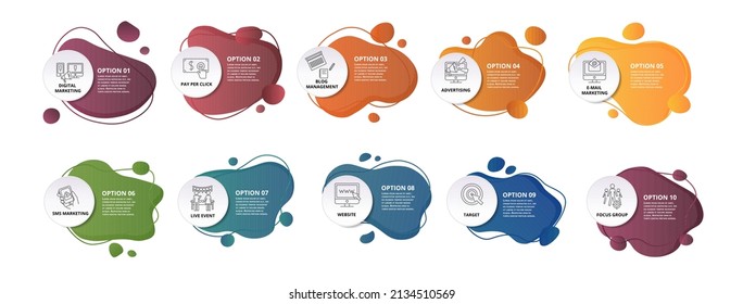 Infographic Digital Marketing template. Icons in different colors. Include Digital Marketing, Pay Per Click, Blog Management, Advertising and others.