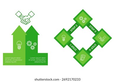 Infografía que muestra un proceso claro con cuatro pasos dispuestos en cuadrado. Cada paso incluye iconos y descripciones de briefs relacionados con el crecimiento y la innovación
