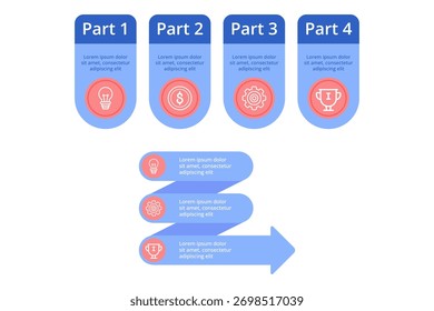 Infographic displaying structured set of four parts, each marked by icons and short text. Sections covering topics such as finance, tools, and achievements