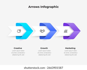 La infografía muestra tres flechas que representan conceptos de creatividad, crecimiento y marketing con los iconos correspondientes. Cada paso se enfatiza con distintos colores y Formas